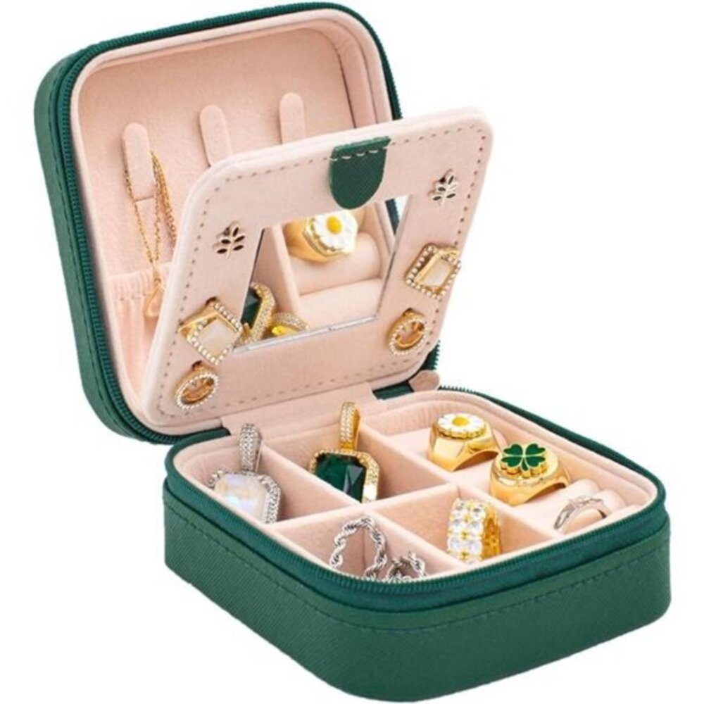 Green Travel Jewelry Case and‎ Organizer with Mirror - Gift for Women and Girls